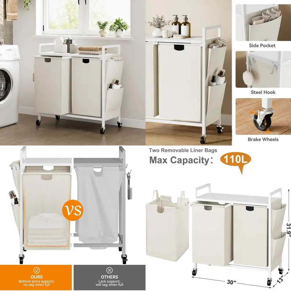 

Rolling Laundry Hamper with Lid and Wheels, Metal Organizer with Top Shelf and 2 Removable Bags for Large Clothes Storage, White