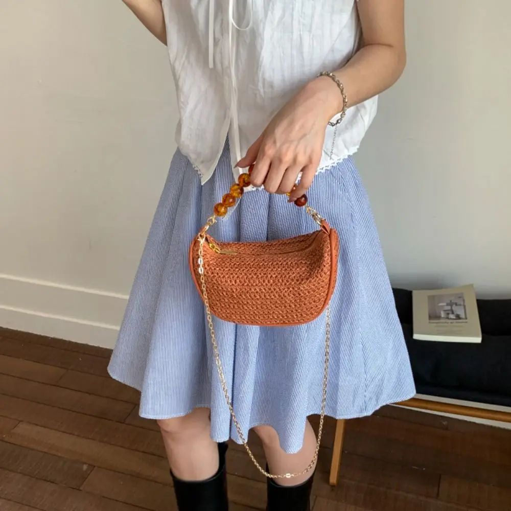 

Large Capacity Grass Weave Handbag Handmade Fashion Metal Chain Crossbody Bag Vacation Style Beads Handle Summer Beach Handbag