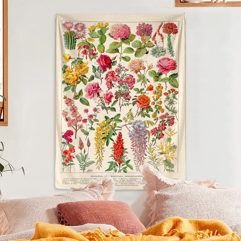 Retro Floral and Plant Tapestry, Collection Garden Floral Identification Reference Picture Tapestry