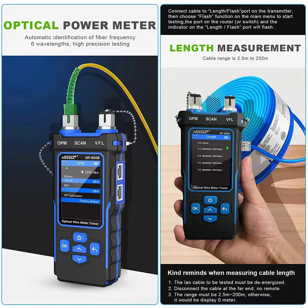 NOYAFA NF-8508 Tester śledzenia kabli Wyświetlacz LCD Miernik długości Tester liniiiremap Kontroler PoE Optyczny miernik mocy Narzędzia sieciowe — zdjęcie 3