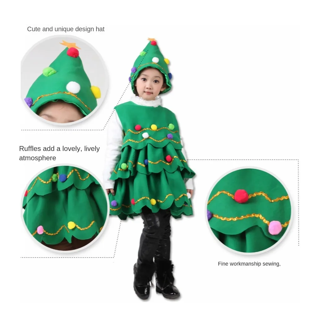 Costume de sapin de Noël en polyester pour enfants, sans manches, olympiques de scène, robe, chapeau, dessin animé, cosplay, enfants, nouveau