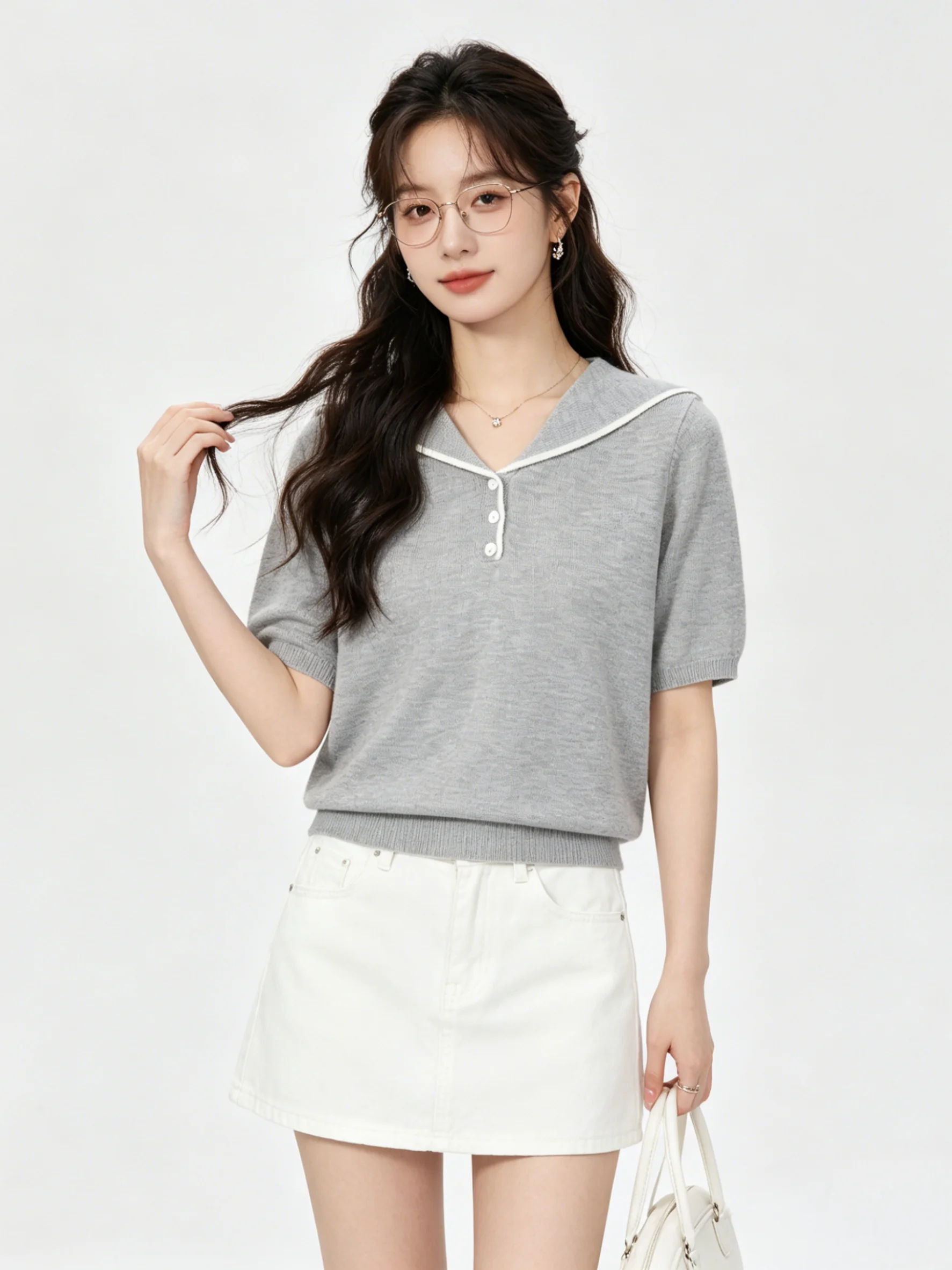 

Breathable Korean Style Knitted Shirt Summer Short Sleeve Turn-down Collar Color Block Youthful Fashion Top Versatile Skin-fr...
