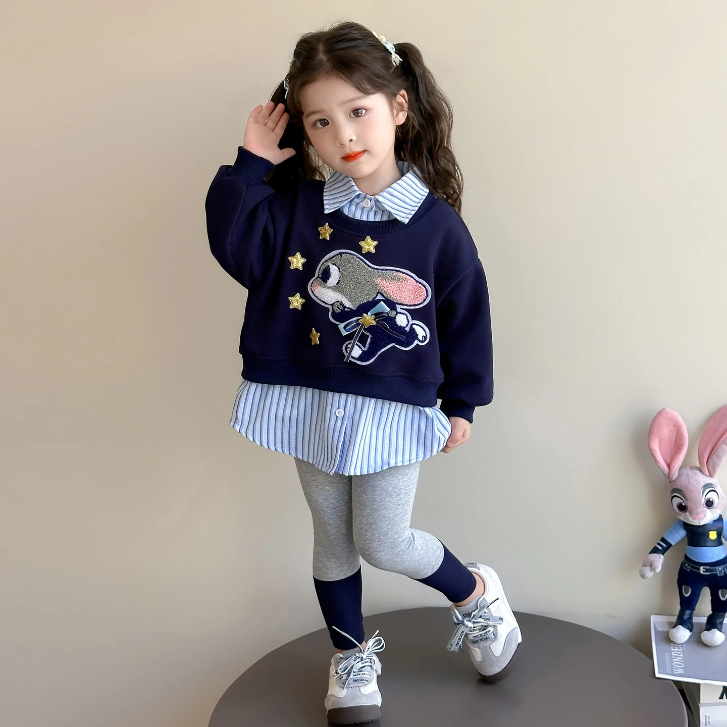 

Disney Rabbit Officer Girls' 2Pcs Set Children's Color Blocking Lapel Hoodies and Slim Fit Leggings Suit Korean Kids Clothes