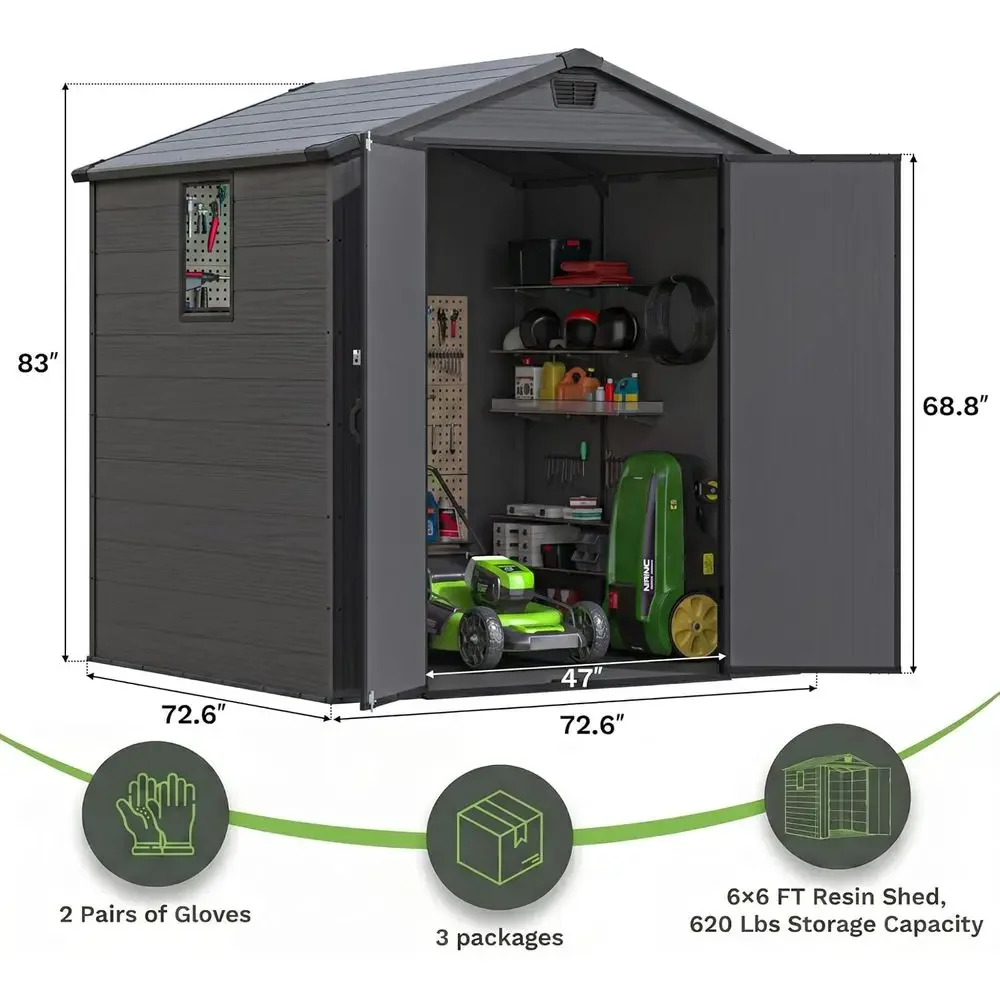 6x6 Plastic Storage Shed with Floor, Outdoor Tool Storage for Patio, Garden, Backyard - Gray - view 2