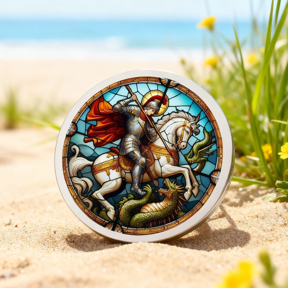 Dawapara Saint George Brooch Pray for Us Religious Medal Protection Talisman Lapel Pins Stainless Steel Jewelry
