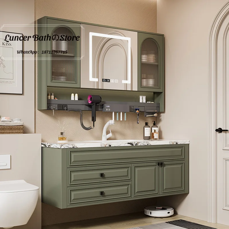 American bathroom cabinet combination rock slab seamless all-in-one basin french bathroom solid wood washbasin