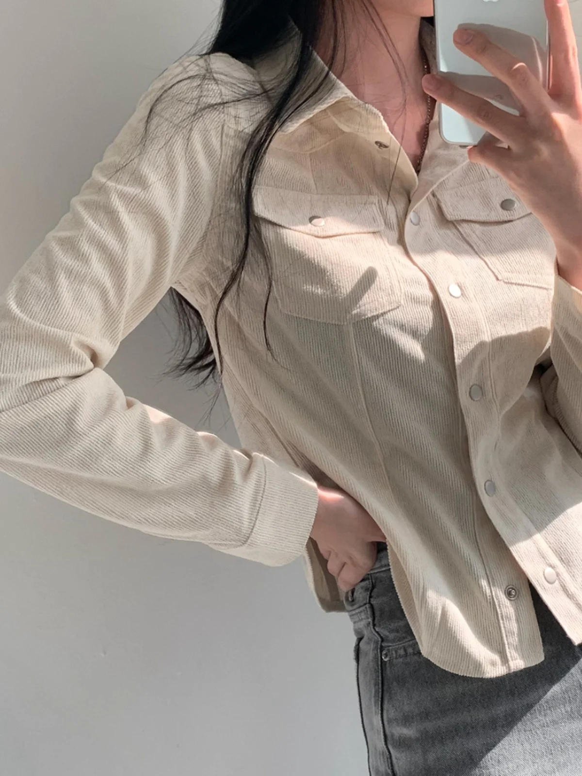 

Spring New Women's Slim Fit ort Sve Long irt Retro Collar Corduroy Faionable Korean Sle Commute irt Pure Color