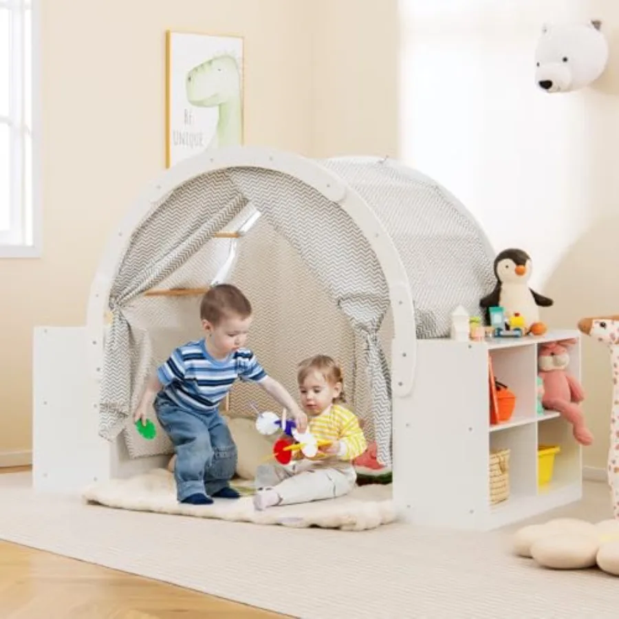 Kinderzelt, 3-in-1-Spielhaus aus Holz für den Innenbereich mit viel Stauraum, 8 Zellen, Vorhangschirme und Bogenplatte für Kinderbetten,