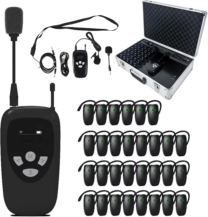 Wireless Museum Tour Factory Tour Guide System 1 transmitter 30 receiver 30 slot charging box microphone speaker headset