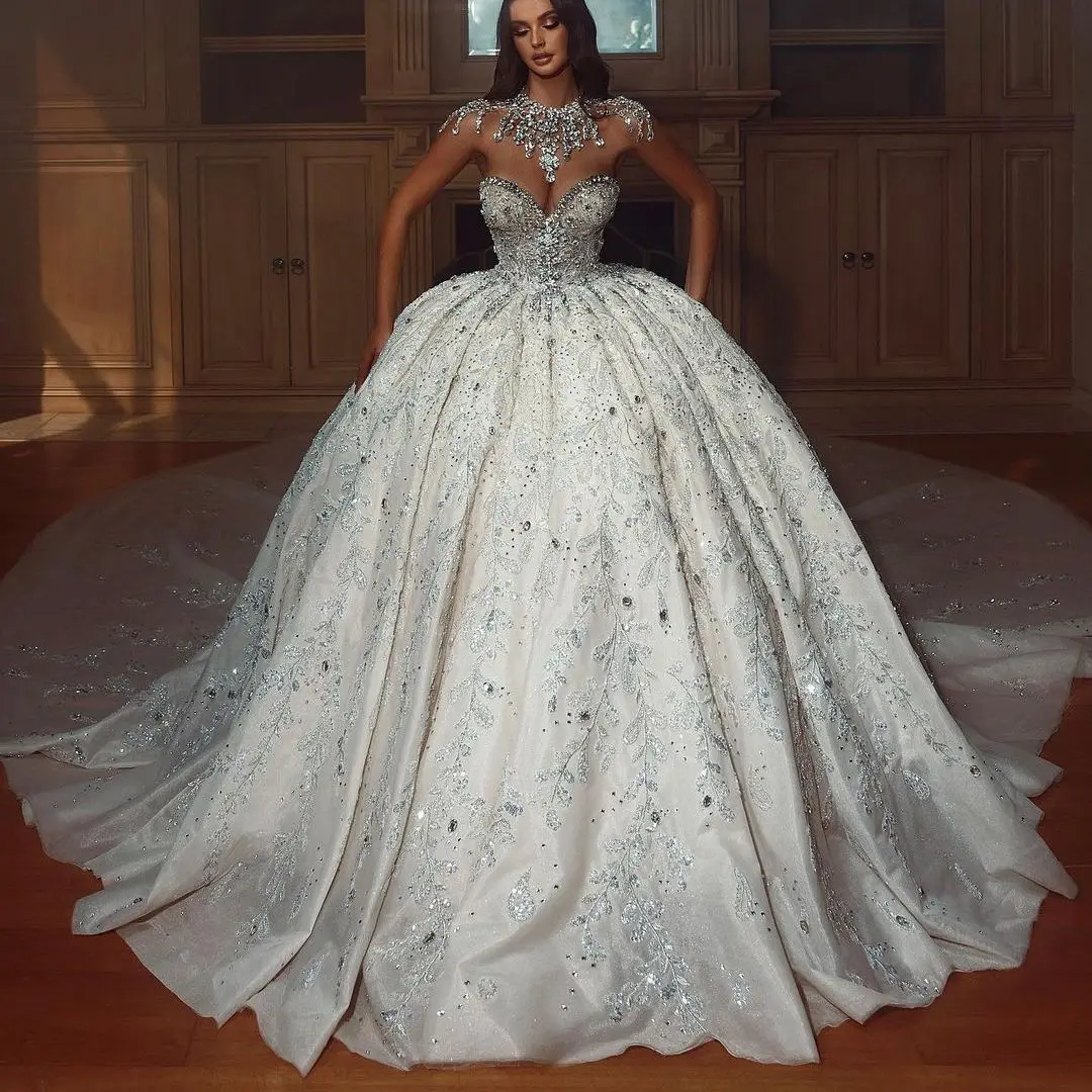 

Gorgeous Ball Gown Wedding Dresses Sexy Sweetheart Crystal Beaded Appliqued Lace Bridal Gowns Custom Made Sweep Train Vestidos