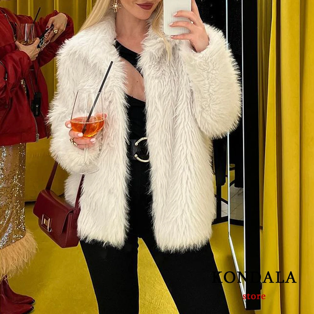 KONDALA Vintage Faux Fur Oversized Coats Women Fashion 2024 Spring Winter Thick Warm Jackets Casual Pockets Elegant Outwears