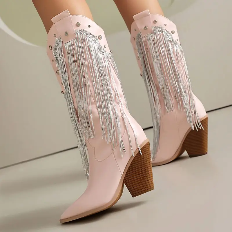 

ORCHA LISA 2025 New Luxury Women's Western Boots Round Toe Chunky Heel Rivets Fringe Black Pink White Plus Size 46-48 Fashion