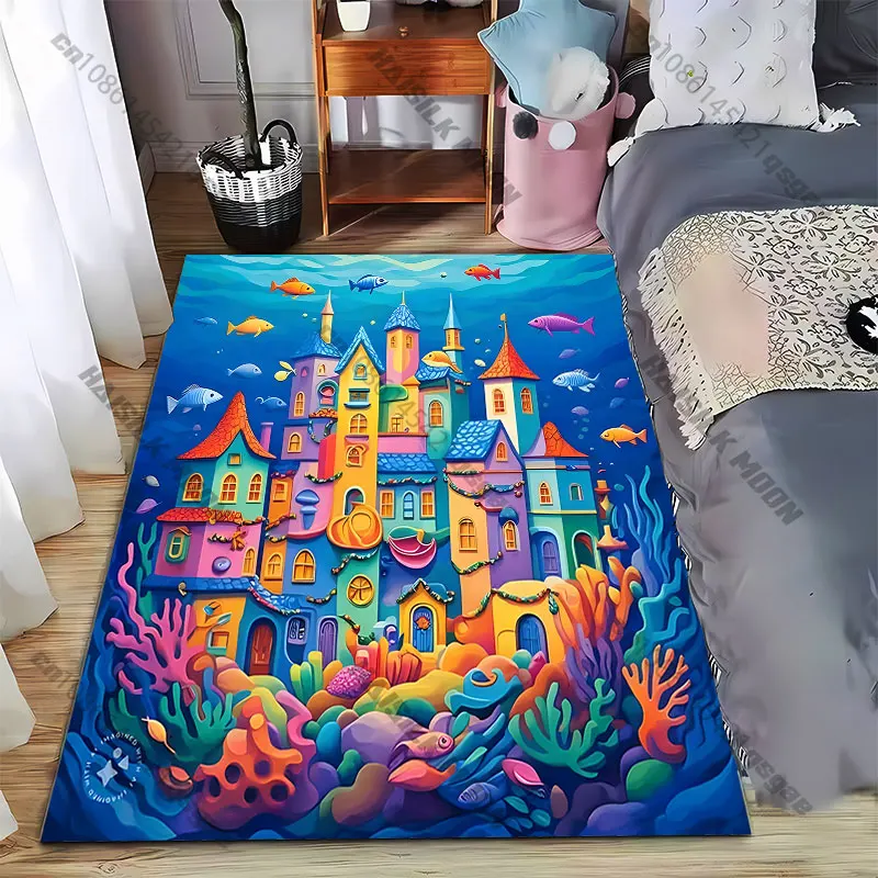 Underwater city with vibrant colorscarpet Yoga living room room decor children's crawling mat doormat area rug games mat