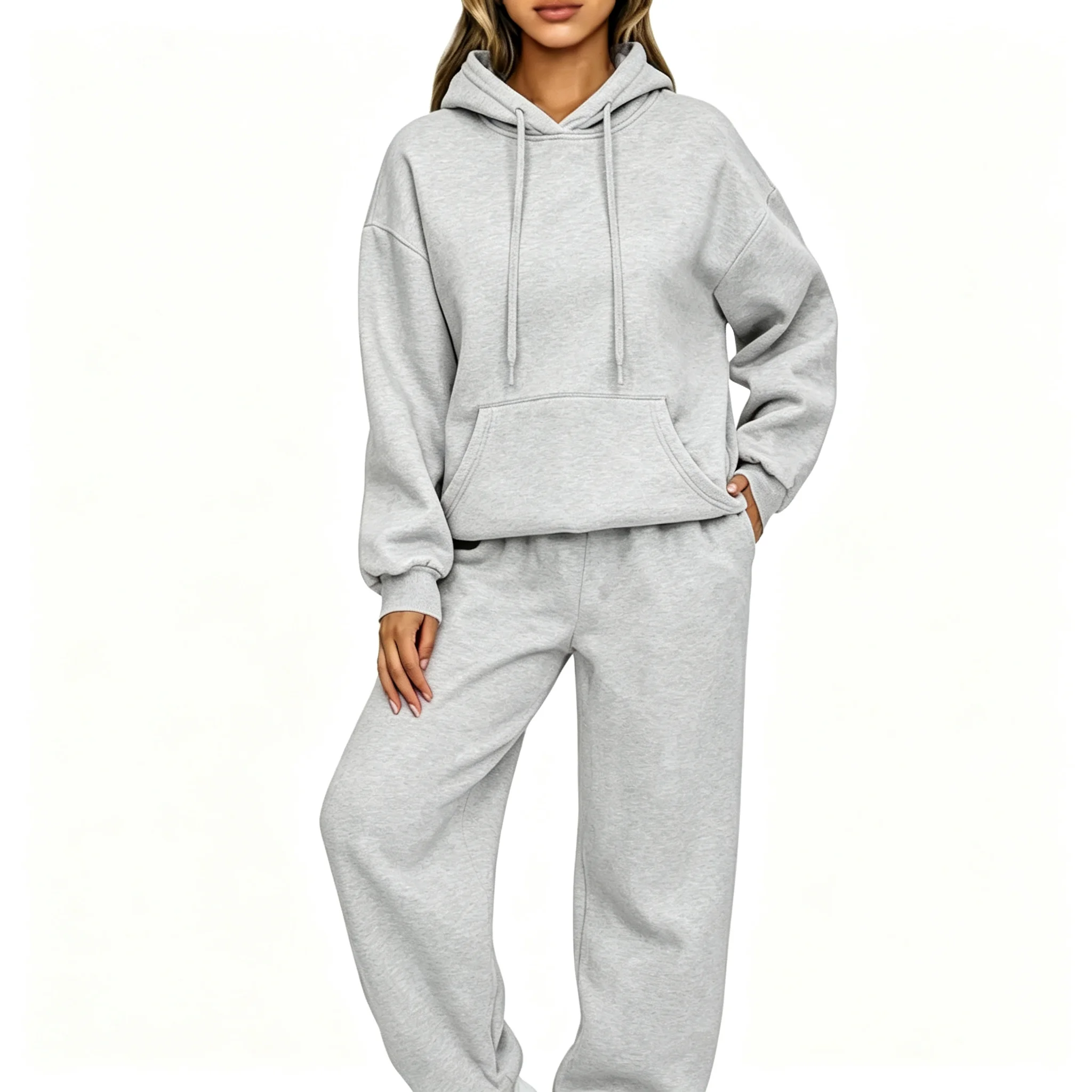 Woman' Hoodie Set Winter Solid Color Two Pices Sets Long-Length Street Clothes Casual Sports Sweatpant Hoody Unisex Fashion Suit