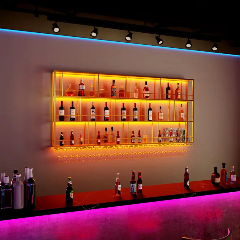 Bar counter wine rack, bar wall-mounted wine cabinet, iron illuminated display rack, restaurant wall custom drink storage rack