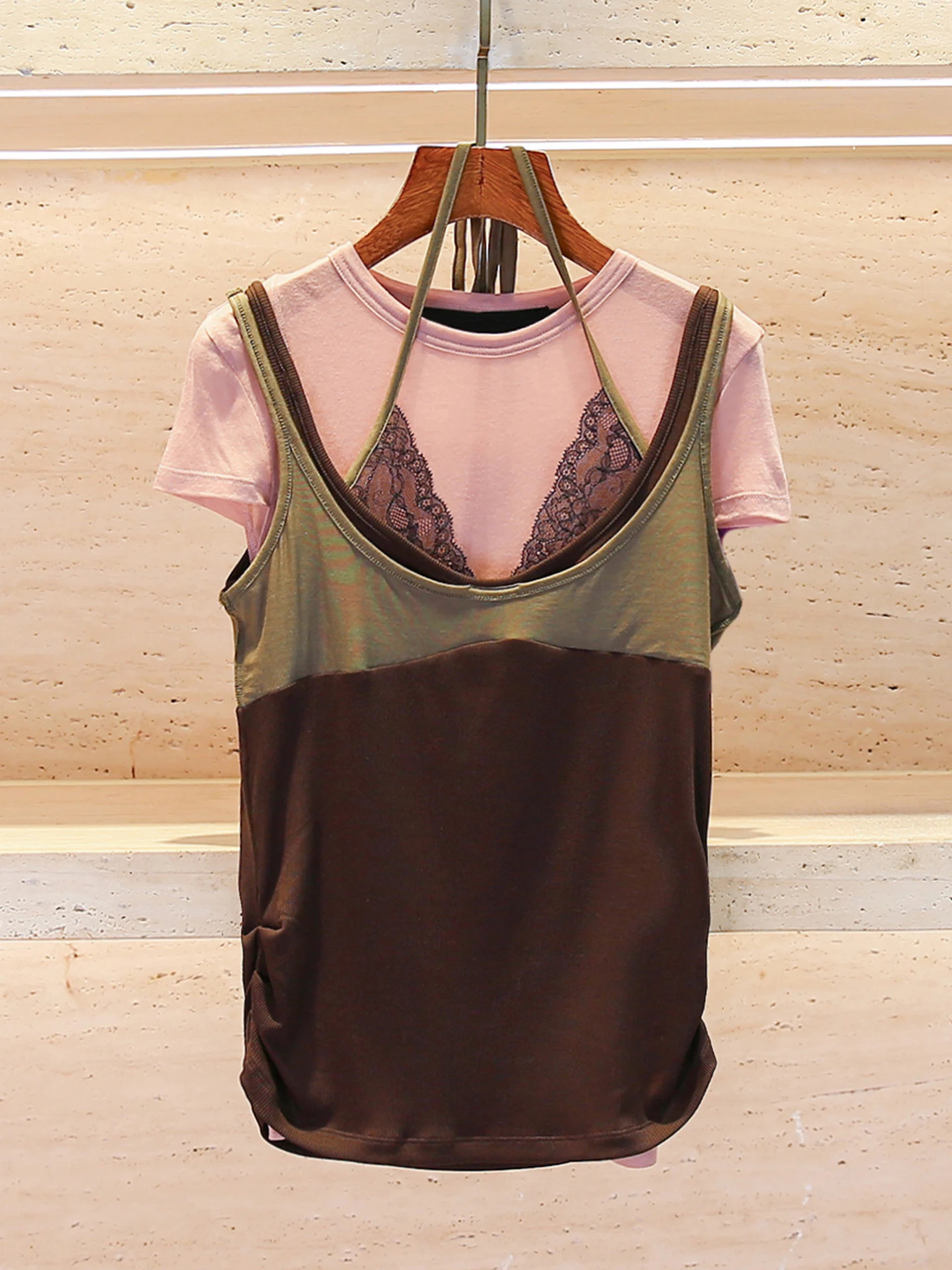 

High-End Women's T-Shirt Lace Neck Hanging Layering Style Summer Spring Spicy Girl Fashion Casual Loose Fit Breathable Short ...