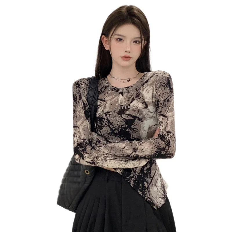 Women Summer Long Sleeve Irregular T-shirt Korean Retro Hot Girl Skinny Print Y2k Tops