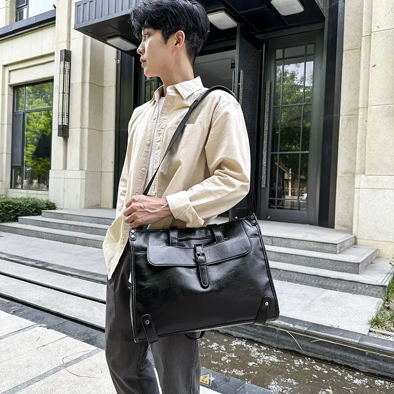 Light Business Men's Handbag Briefcase Trendy Leather Fashion Single Shoulder Casual Street Handbag Simple Personality Exquisite