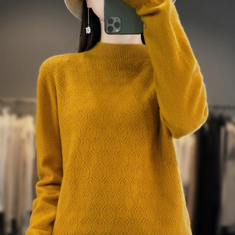 Women New Wool Blend Sweater Half-high Collar Diamond Hollow ​Pullover Autumn Winter Bottoming Shirt Casual Warm Knitting Tops