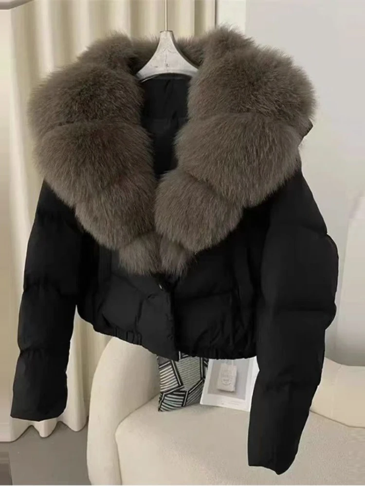 American Fashion Socialite Fox Fur Collar Short Down Jackets Elegant Single-Breasted Thick Warm Down Coats for Women Winter 2025