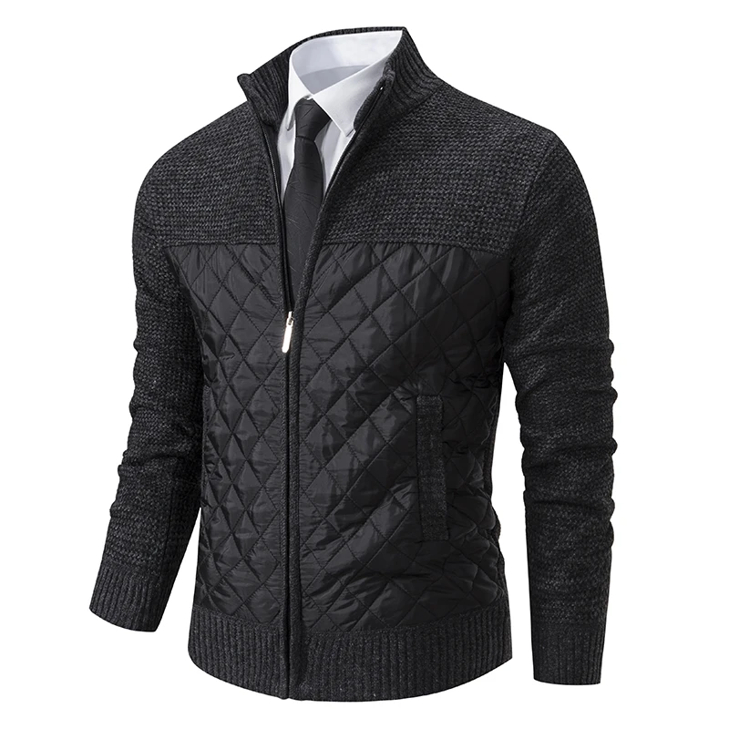 Men Patchwork Quilted Padded Sweater Jacket Stand Collar Zipper Knitted Cardigan Autumn Winter Warm Casual Coat