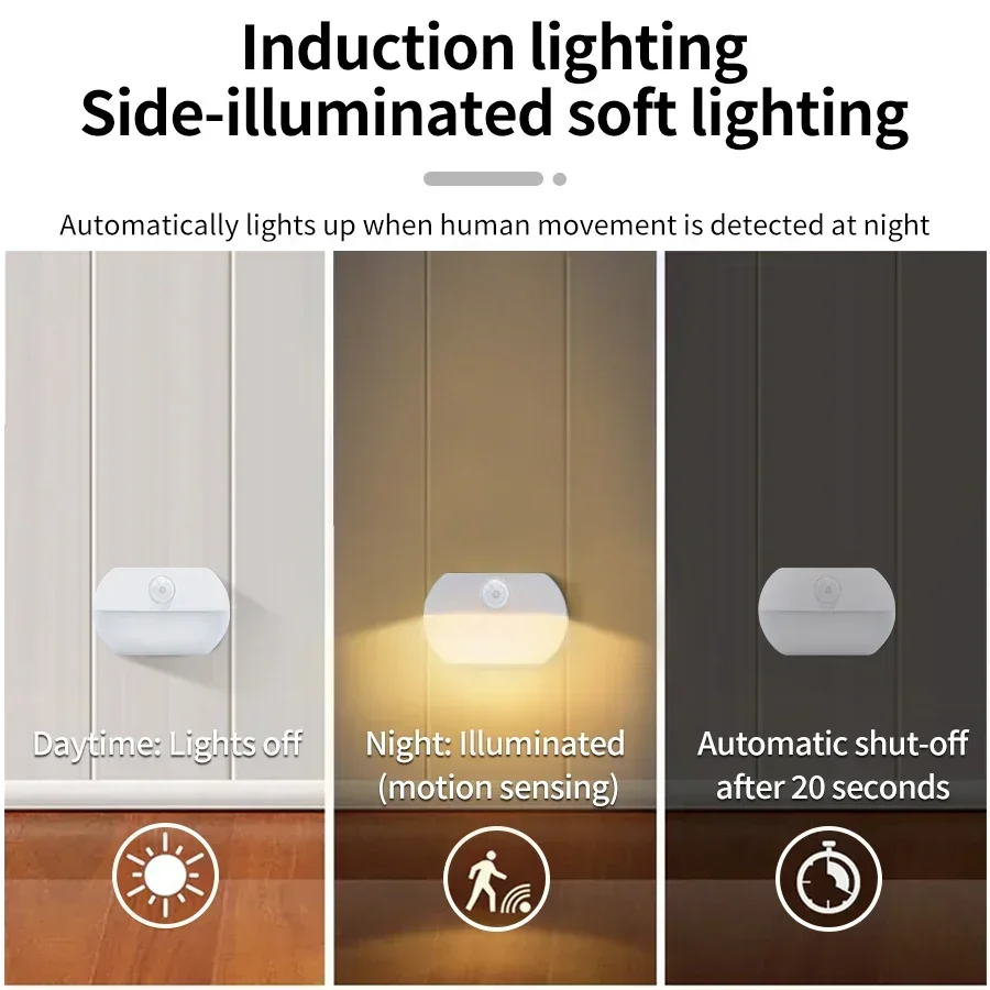 Luz LED nocturna con Sensor de movimiento, luz recargable por USB, 3 colores, atenuación para armario, cocina, dormitorio, armario, escalera