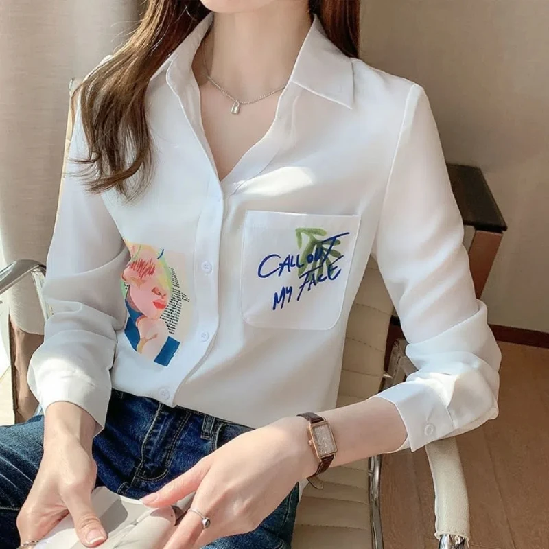 Women Clothing Temperament White Shirt Tops Spring Autumn New Solid Polo Neck Long Sleeve Printing Office Blouse Fashion Elegant