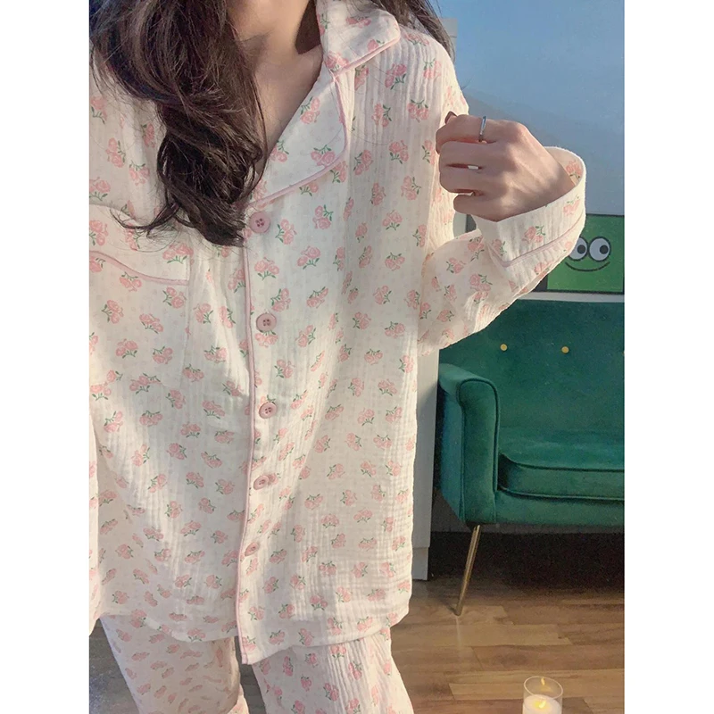 Floral Sleepwear Women Pajama Sets Korean Pants Sets for Women 2 Pieces Night Wear Autumn Turn Down Collar Casual Home Suit New