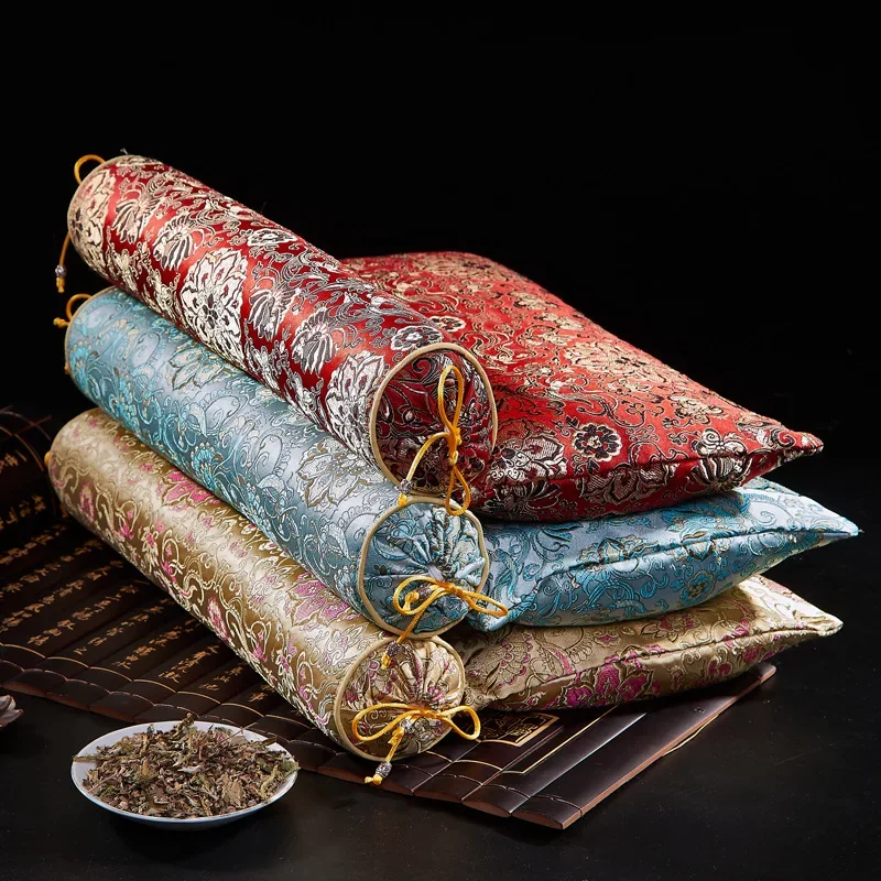 Traditional Chinese Silk Brocade Health Pillow Handmade Herbal Filled Cervical Spine Care Pillow Multicolor Retro Decor