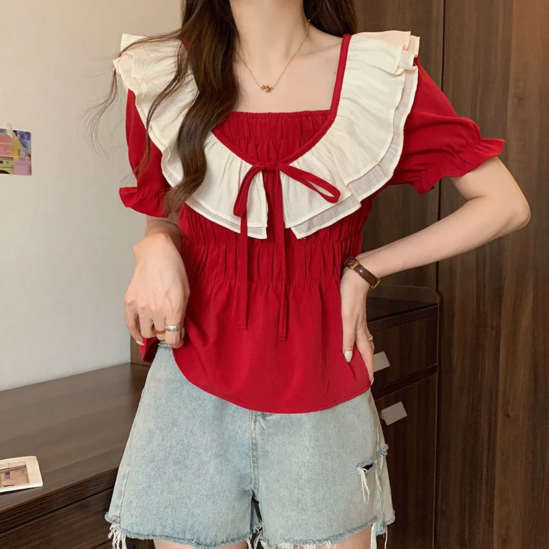 Summer Woman Shirts Square Collar Puff Sleeve Loose Blouses 2023 Blusas De Mujer Bandage Fashion Chic Sweet Tops Female 4XL