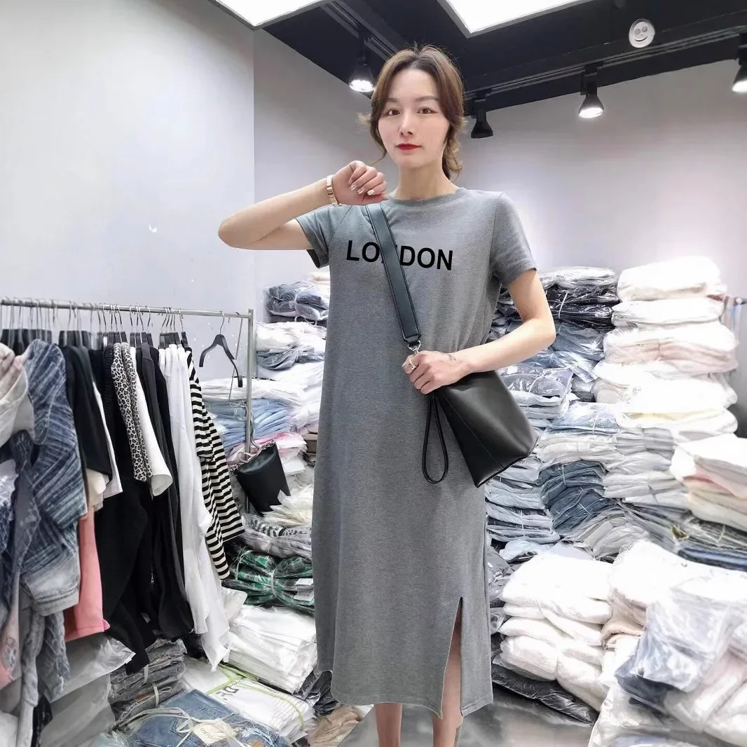 Korean Style Summer Short Sleeve Women's Printed Large Size Loose Midi Knee-Length T-Shirt Dress Split Base Skirt