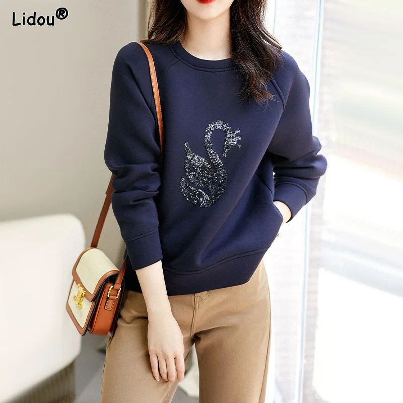 Pullovers Loose Solid Patchwork Embroidery Round Neck Fashion Casual Temperament T-Shirts Autumn Winter Thin Women\'s Clothing