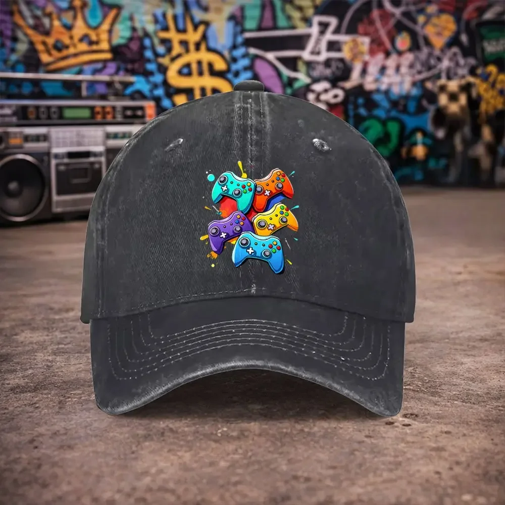 1pc Unisex Multicolor Game Controller Vintage Washed Baseball Cap Men'S Trendy Hat Versatile Duckbill Cap Fun Print Unique Birth