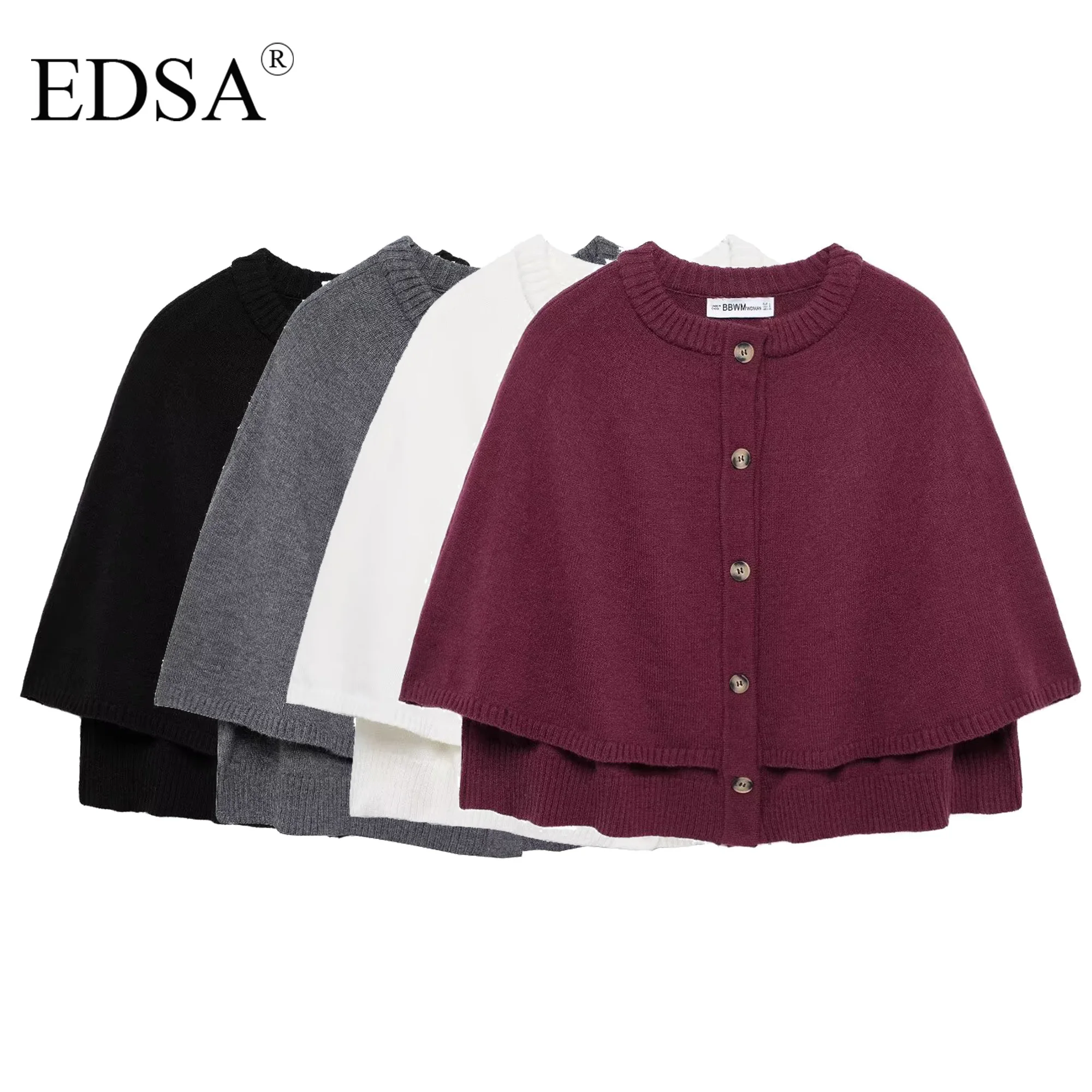 EDSA Women Knitted Cape Cardigan Round Neck Short Sleeves Ribbed Trims Button-Up Front Sweater Coat Casual Female Outerwear