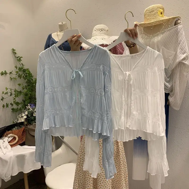 Tie-front Long-sleeved Shirt Sun-protective Cardigan Women Summer Breathable Lightweight Jacket Short Top Design Clothing Trendy