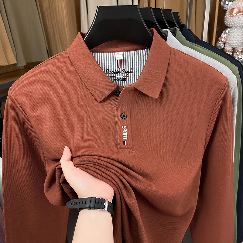 Hochwertiges Designer-Polohemd, Neuheit für Frühling und Herbst, einfarbig, wärmend, langärmelig, mit Kragen, exquisites modisches Herrenoberteil – Detail 6