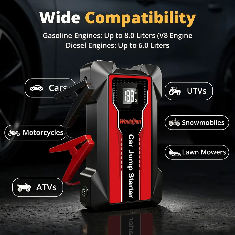 12V Car Jump Starter Portable Battery Booster Pack 8.0L Gas 6.0L Diesel -40C Cold Start Power Bank 3 Modes LED Flashlight SOS