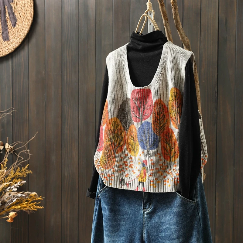 Retro Artistic Print Knitted Vest Women's Loose Layering Outerwear Sleeveless Shoulder Pad Trendy Top round Neck Cozy Autumn ...