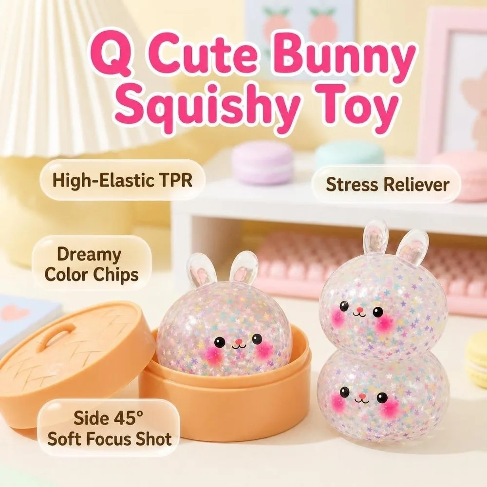 Rabbit Shape Dumplings Squeeze Toy Glitter Soft Steamed Stuffed Bun Pinch Toy with Steamer Fidget Stress Relief Sensory Ball