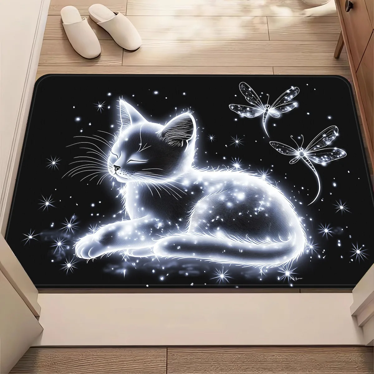 Cat Dragonfly Doormat, Modern Animal Pattern Indoor Entrance Non Slip Rug, Washable Kitchen Bathroom Shower Area Carpet
