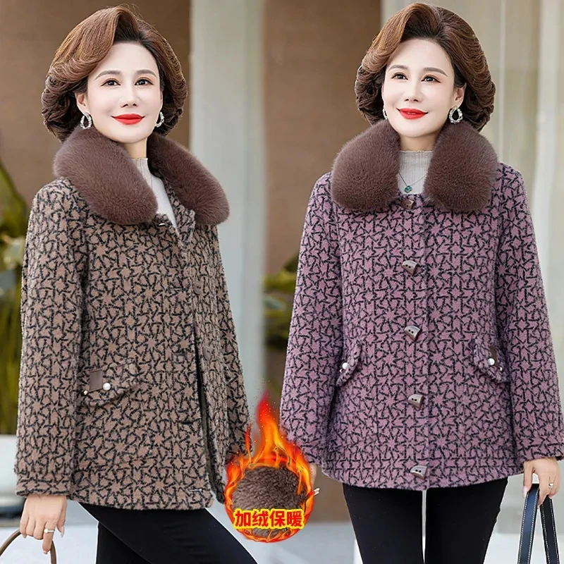 Mother Winter Jacket Thicken Warm Parkas High End Fashion Add Velvet Coat Middle-aged Women Fur Collar Mink Woolen Overcoat 5XL