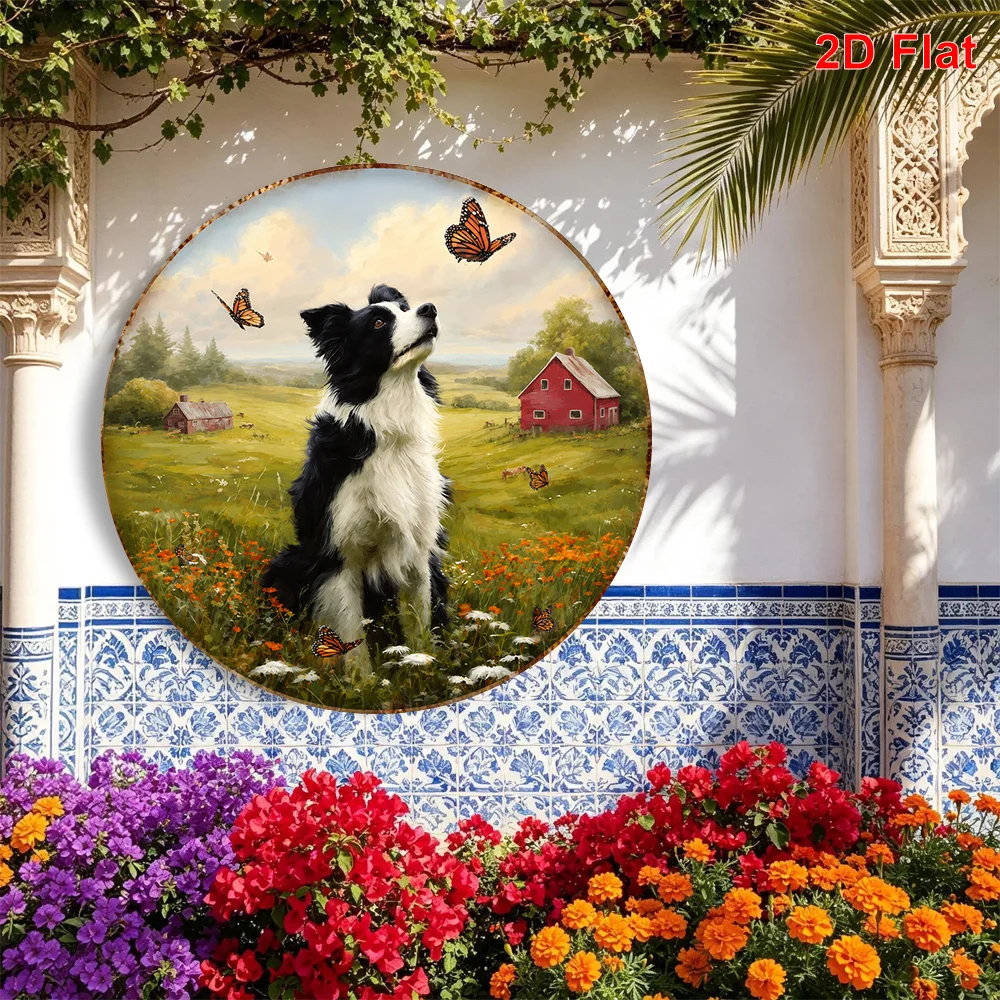 2D Flat 1pc Border Collie Butterfly Pastoral Landscape Pattern Metal Aluminum Tag Sign Round Decorative Painting, Size (7.87In X