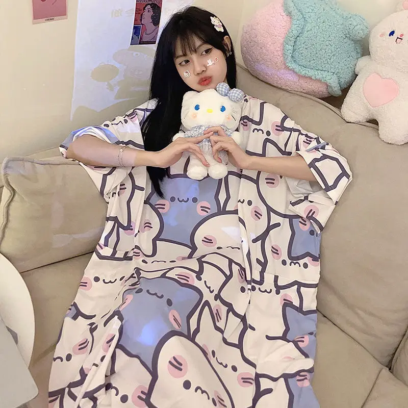 Cartoon Nightgown Summer Ladies Ice Shreds Cute Short-Sleeved Nightgown Cartoon Large Size Thin Section College Style Nightgown