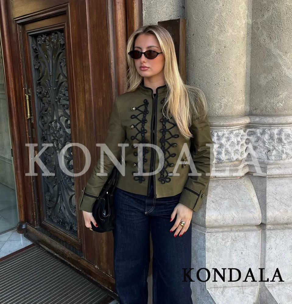 KONDALA Vintage Chic Slim Jacket Women 2026 Spring Fashion Elegant Retro Jacket Vacation Casual Knotted Decoration Zip-up Jacket