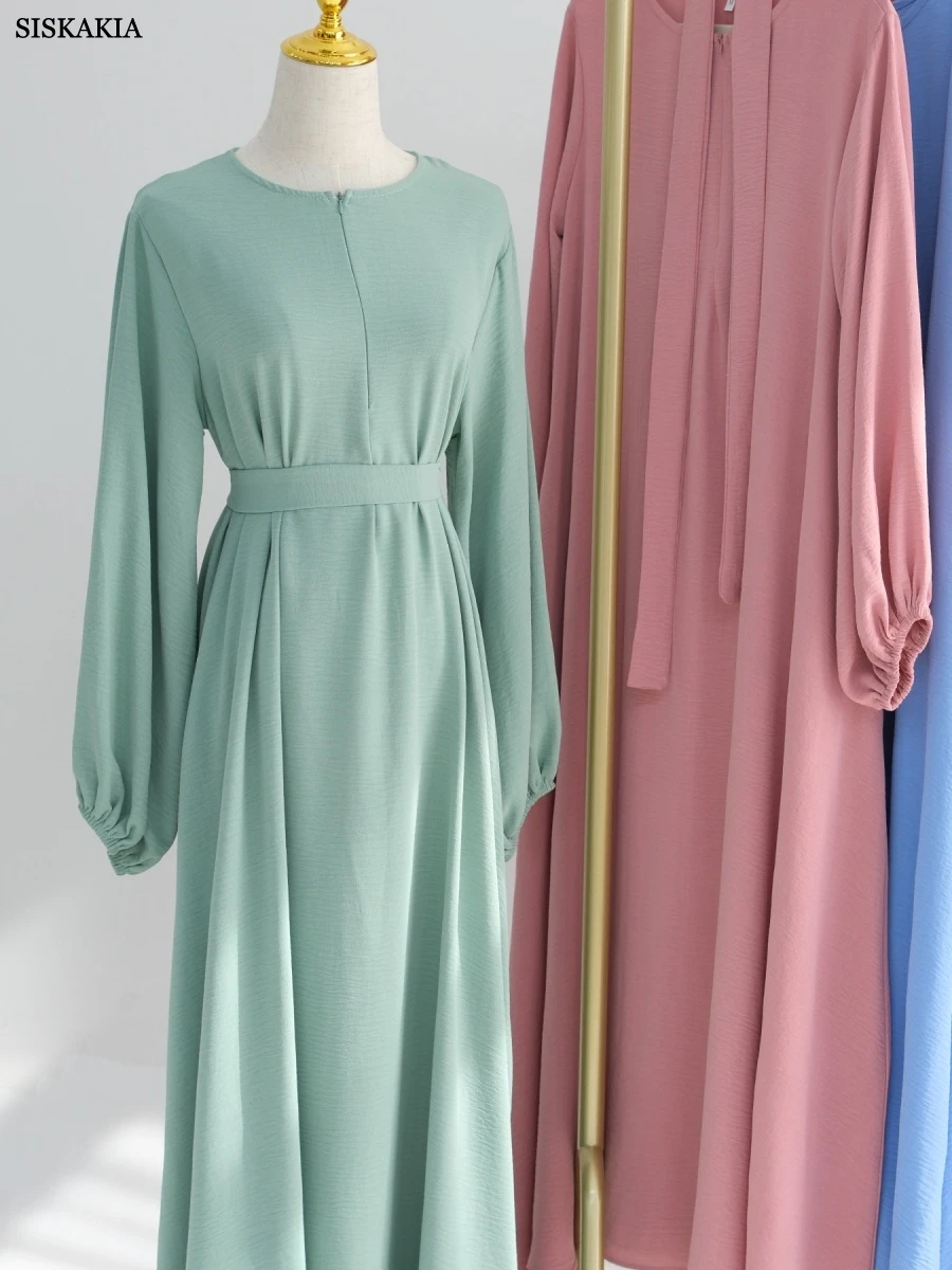 Siskakia – robe musulmane élégante à manches groupées, ceinture incluse, Abaya solide de dubaï, col rond, Kaftan 2025