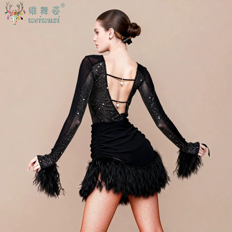 Latin Dance Competition Dress Women's Performance Tassel Ballroom Dress Long Sleeves Tango Samba Clothes Rumba Practice Wear