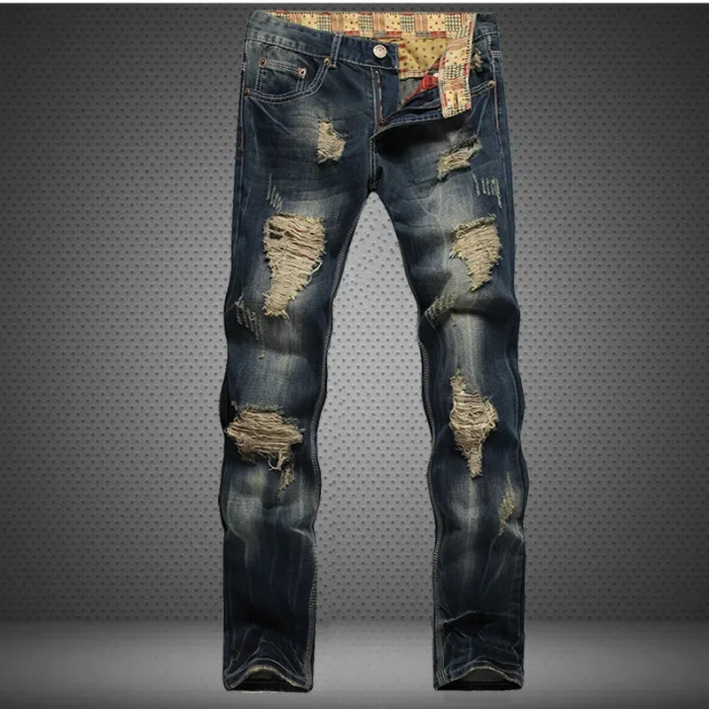 

Long Pant Men Denim Pants Jeans Print Hole Splice Simple Pockets Casual High Waist Straight Trousers Slim Fit Autumn Winter