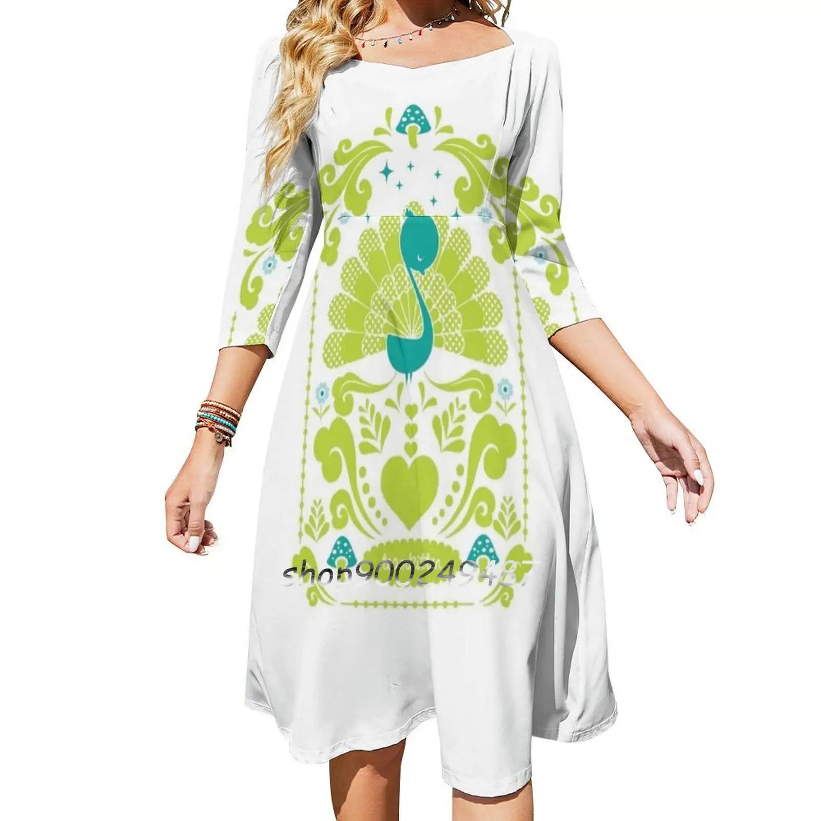 Peacocks Square Neck Dress Sweet Summer Dress Women Elegant Halter Print Dress Cute Swirls Peacock Teamkitten