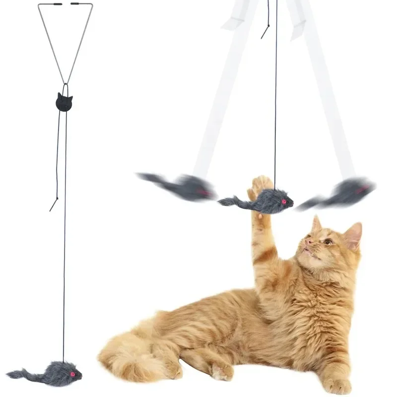 

Interactive Cat Toy Hanging Door Retractable Cat Scratch Rope Mouse Long Stick Kitten Feather Toys for Indoor Cats Play Exercise