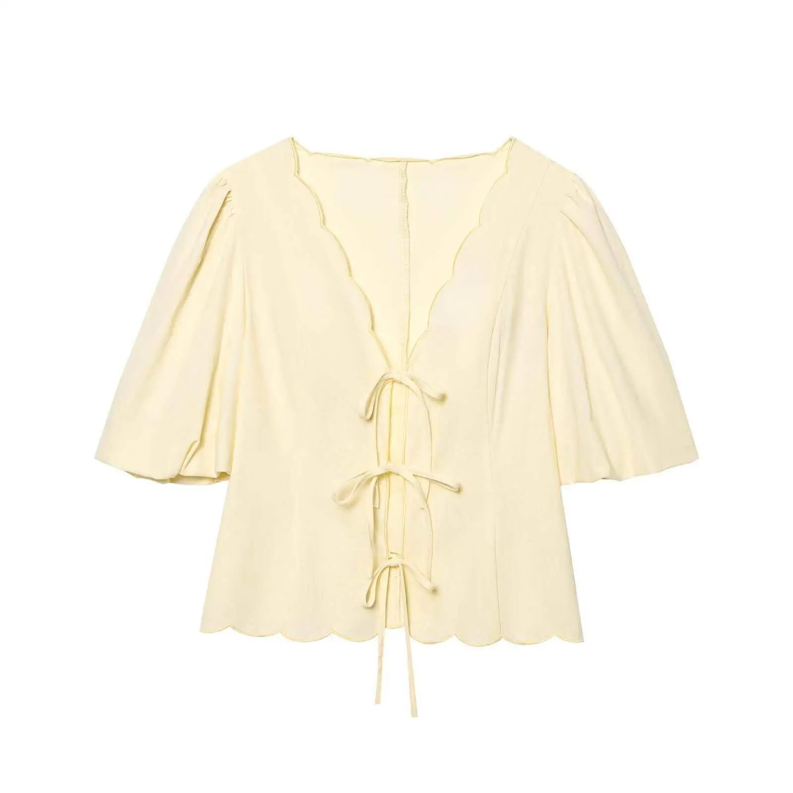 Summer New Women's Casual Bubble Sleeve V-neck Shirt Cotton Blend Short Sleeve Button Decorated Top with Mid-low Waist Trousers
